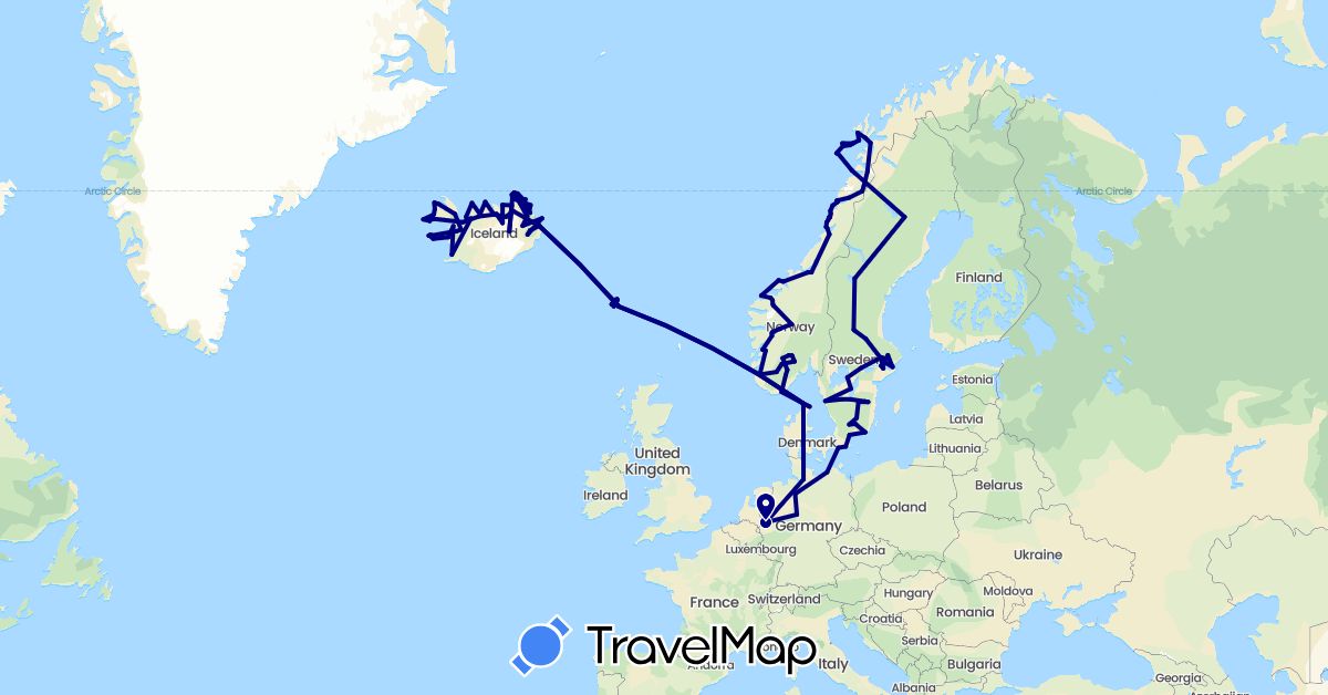 TravelMap itinerary: driving in Germany, Denmark, Faroe Islands, Iceland, Norway, Sweden (Europe)